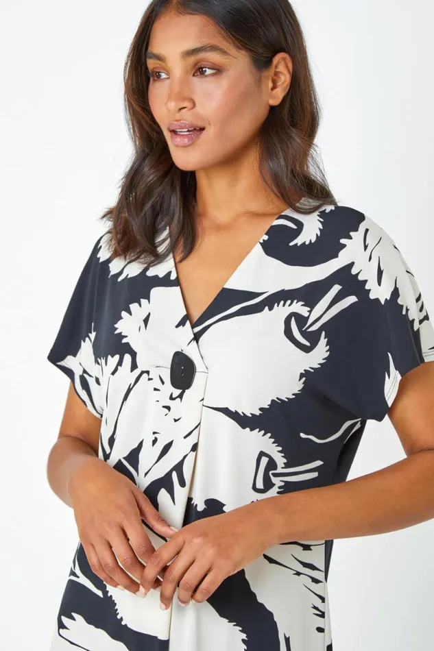 Black Palm Print Button Detail VNeck Top Women Roman Tops