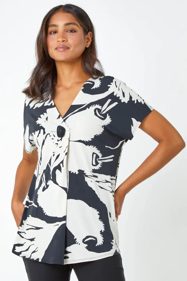 Black Palm Print Button Detail VNeck Top Women Roman Tops