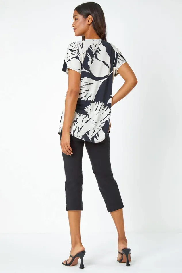 Black Palm Print Button Detail VNeck Top Women Roman Tops
