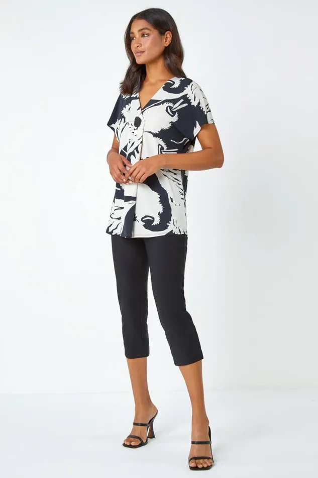 Black Palm Print Button Detail VNeck Top Women Roman Tops