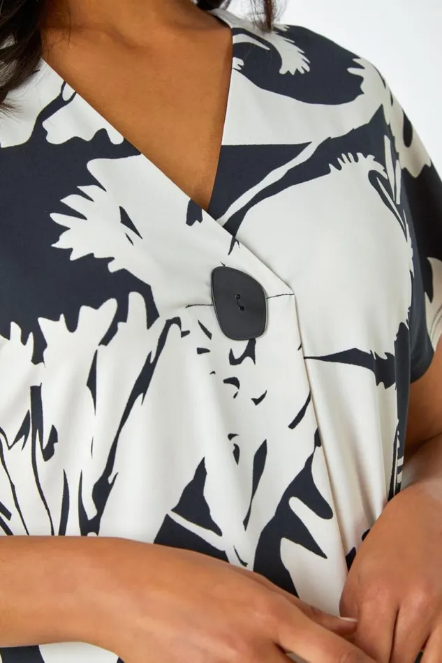 Black Palm Print Button Detail VNeck Top Women Roman Tops