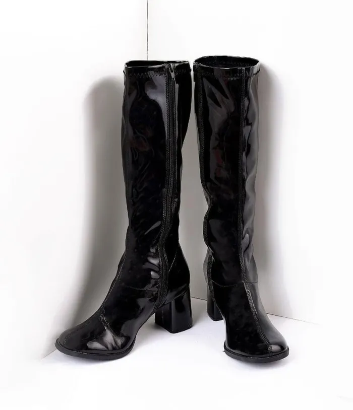Black Patent Knee High Go Go Boots HalloweenShoes Unique Vintage Boots
