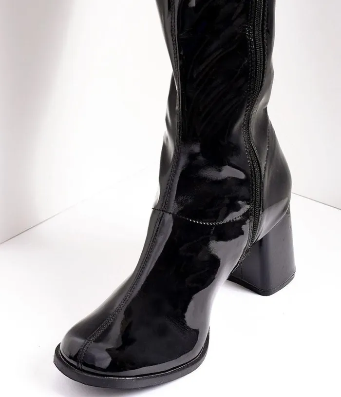 Black Patent Knee High Go Go Boots HalloweenShoes Unique Vintage Boots