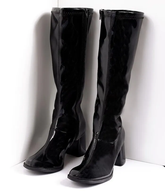 Black Patent Knee High Go Go Boots HalloweenShoes Unique Vintage Boots