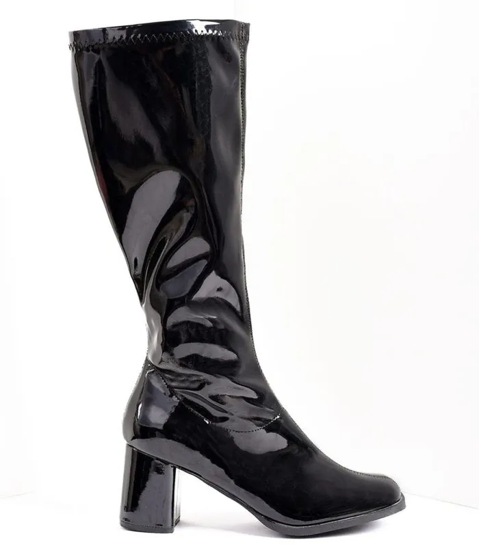 Black Patent Knee High Go Go Boots HalloweenShoes Unique Vintage Boots