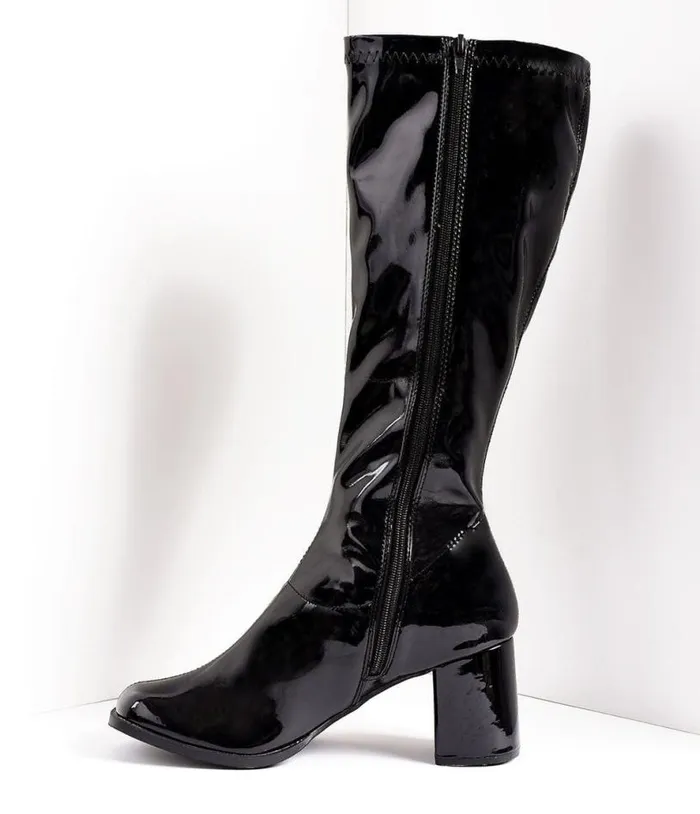 Black Patent Knee High Go Go Boots HalloweenShoes Unique Vintage Boots
