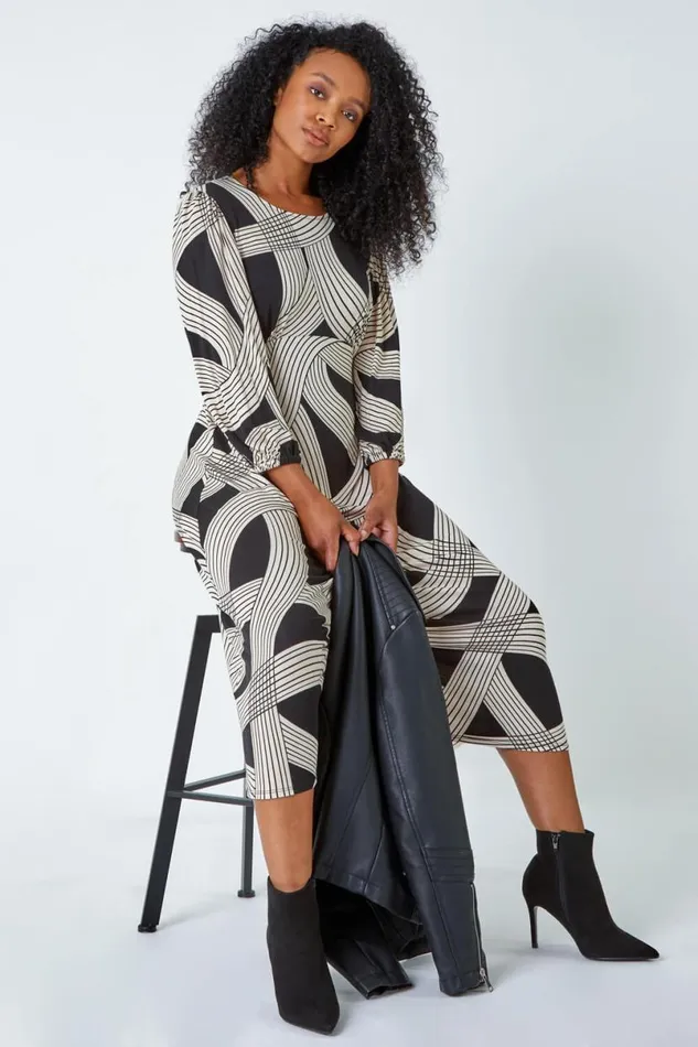 Black Petite Linear Print Midi Stretch Dress Women Roman Dresses