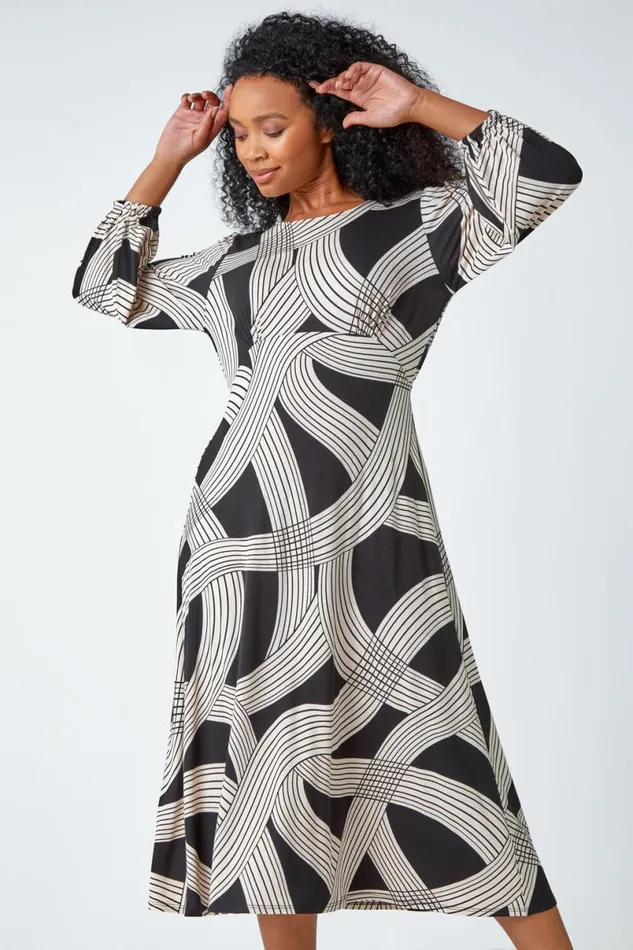 Black Petite Linear Print Midi Stretch Dress Women Roman Dresses