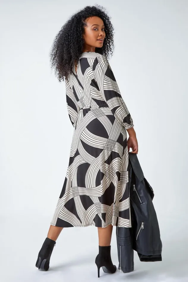 Black Petite Linear Print Midi Stretch Dress Women Roman Dresses