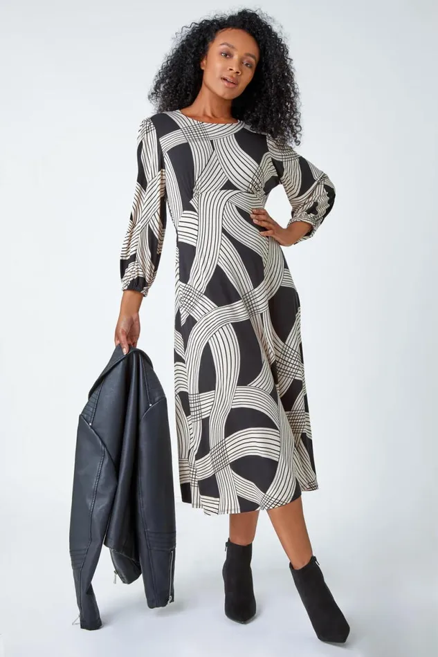 Black Petite Linear Print Midi Stretch Dress Women Roman Dresses