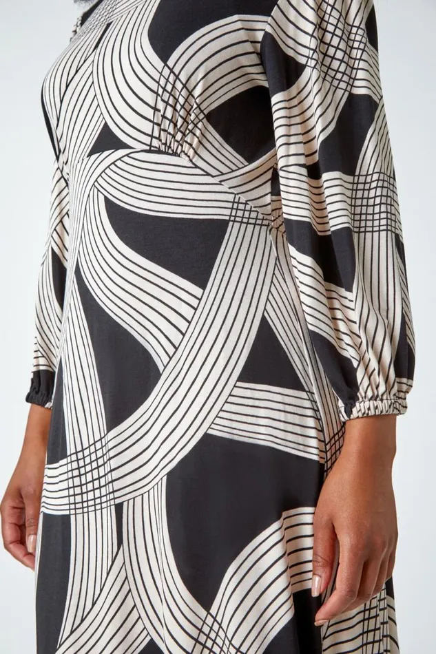 Black Petite Linear Print Midi Stretch Dress Women Roman Dresses