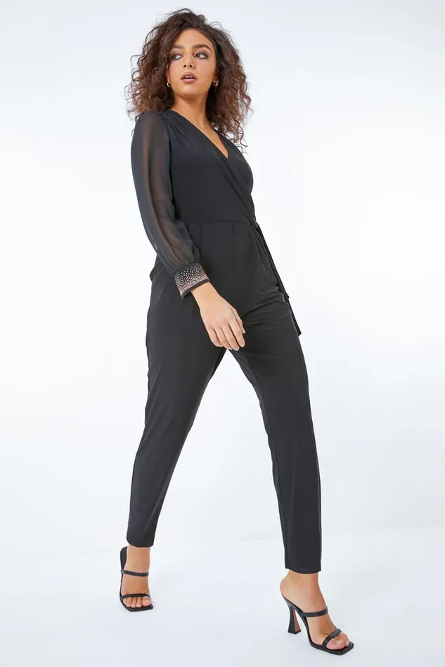 Black Petite Sequin Cuff Wrap Jumpsuit Women Roman Jumpsuits and Playsuits