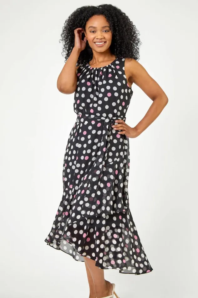 Black Petite Spot Print Frill Trim Asymmetric Dress Women Roman Dresses