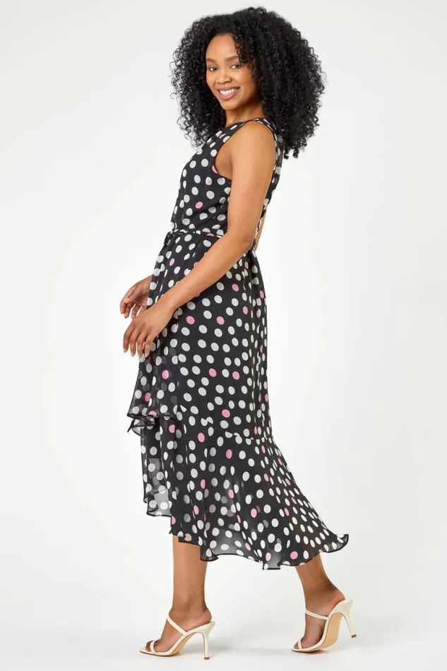 Black Petite Spot Print Frill Trim Asymmetric Dress Women Roman Dresses