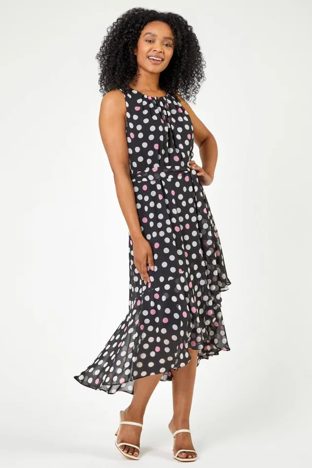 Black Petite Spot Print Frill Trim Asymmetric Dress Women Roman Dresses
