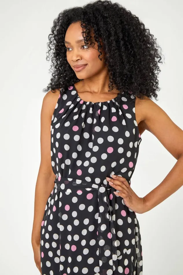 Black Petite Spot Print Frill Trim Asymmetric Dress Women Roman Dresses