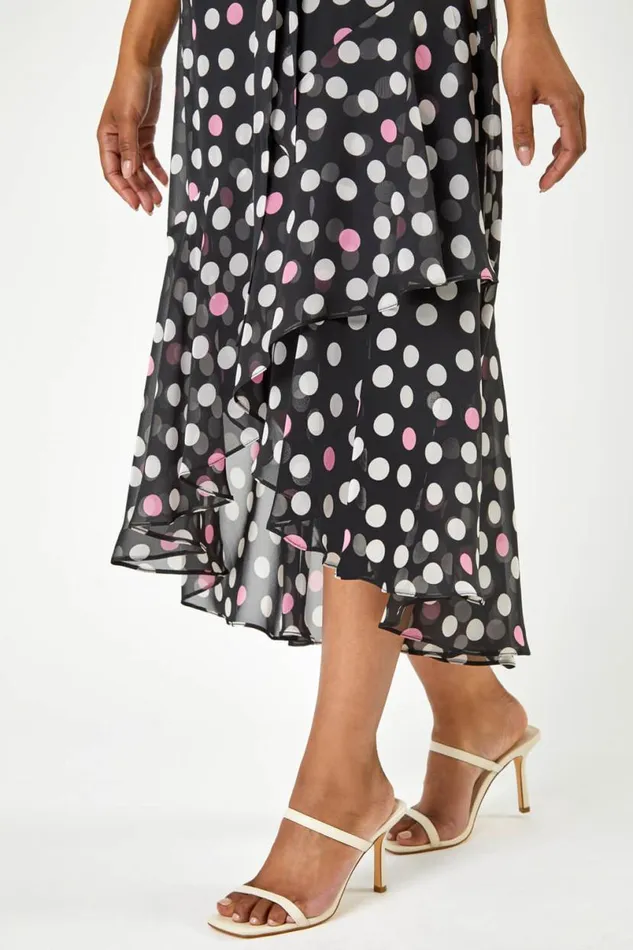 Black Petite Spot Print Frill Trim Asymmetric Dress Women Roman Dresses
