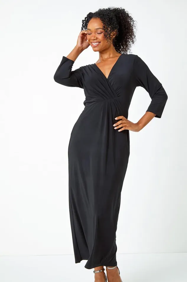 Black Petite Stretch Ruched Maxi Dress Women Roman Dresses