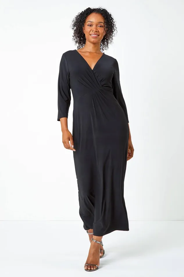 Black Petite Stretch Ruched Maxi Dress Women Roman Dresses