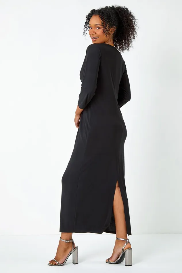 Black Petite Stretch Ruched Maxi Dress Women Roman Dresses