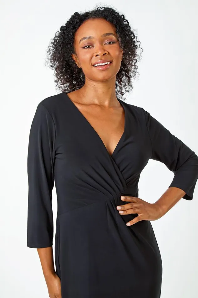 Black Petite Stretch Ruched Maxi Dress Women Roman Dresses