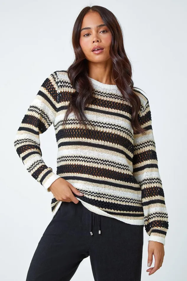 Black Petite Stripe Print Stretch Knit Jumper Women Roman Knitwear