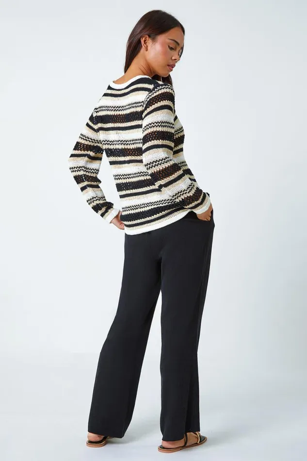 Black Petite Stripe Print Stretch Knit Jumper Women Roman Knitwear