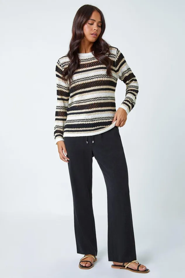 Black Petite Stripe Print Stretch Knit Jumper Women Roman Knitwear