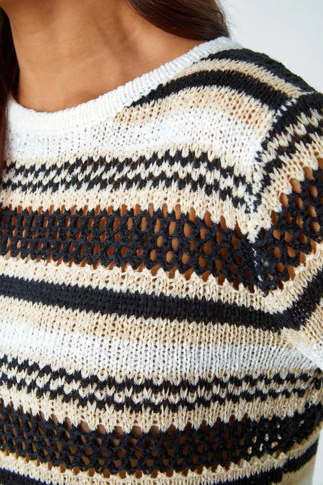 Black Petite Stripe Print Stretch Knit Jumper Women Roman Knitwear