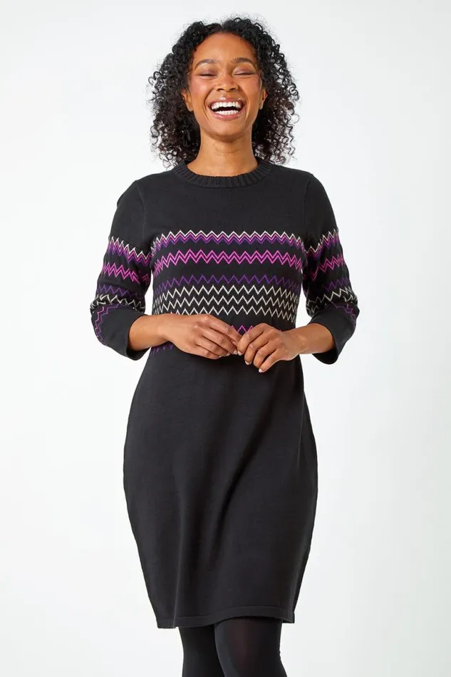Black Petite Zig Zag Knitted Stretch Dress Women Roman Dresses