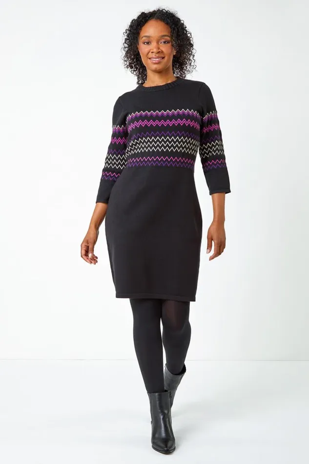 Black Petite Zig Zag Knitted Stretch Dress Women Roman Dresses
