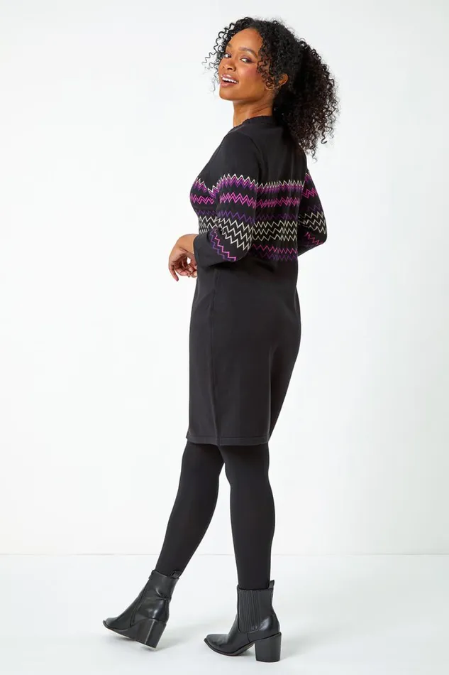 Black Petite Zig Zag Knitted Stretch Dress Women Roman Dresses