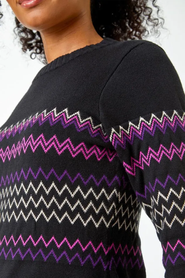 Black Petite Zig Zag Knitted Stretch Dress Women Roman Dresses