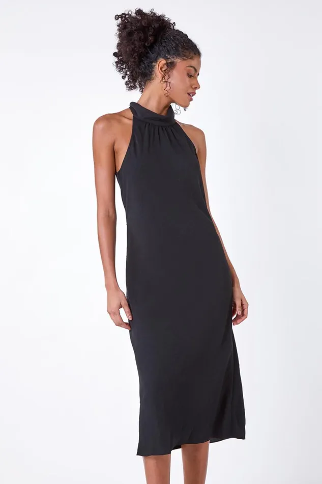 Black Plain Woven Halterneck Midi Dress Women Roman Dresses
