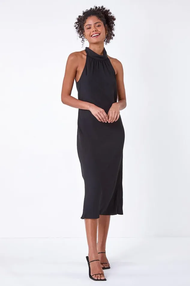 Black Plain Woven Halterneck Midi Dress Women Roman Dresses