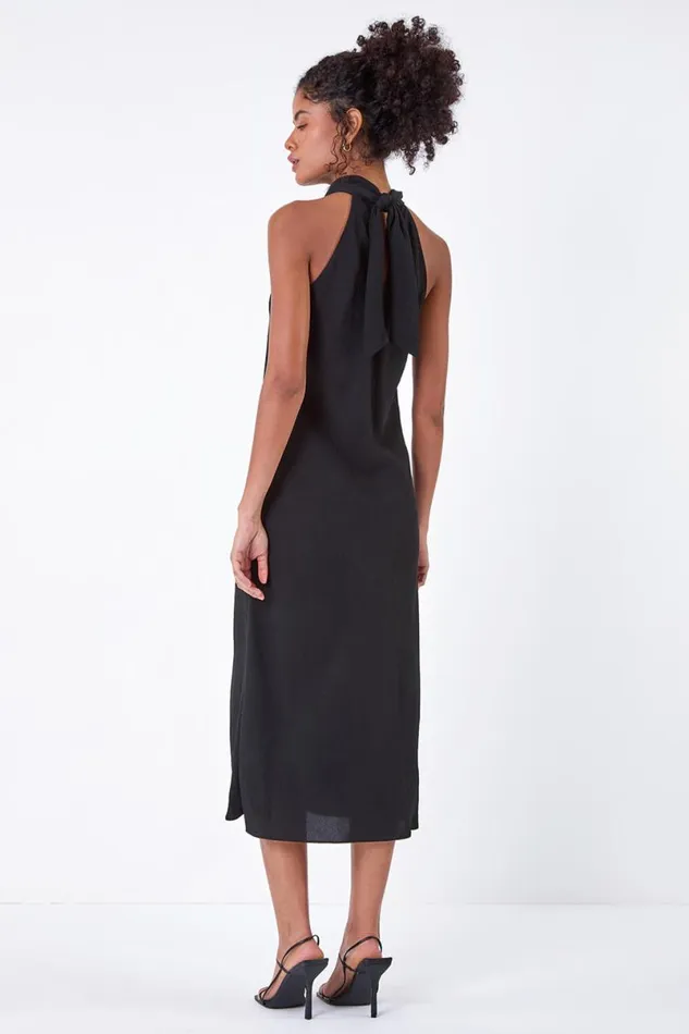 Black Plain Woven Halterneck Midi Dress Women Roman Dresses