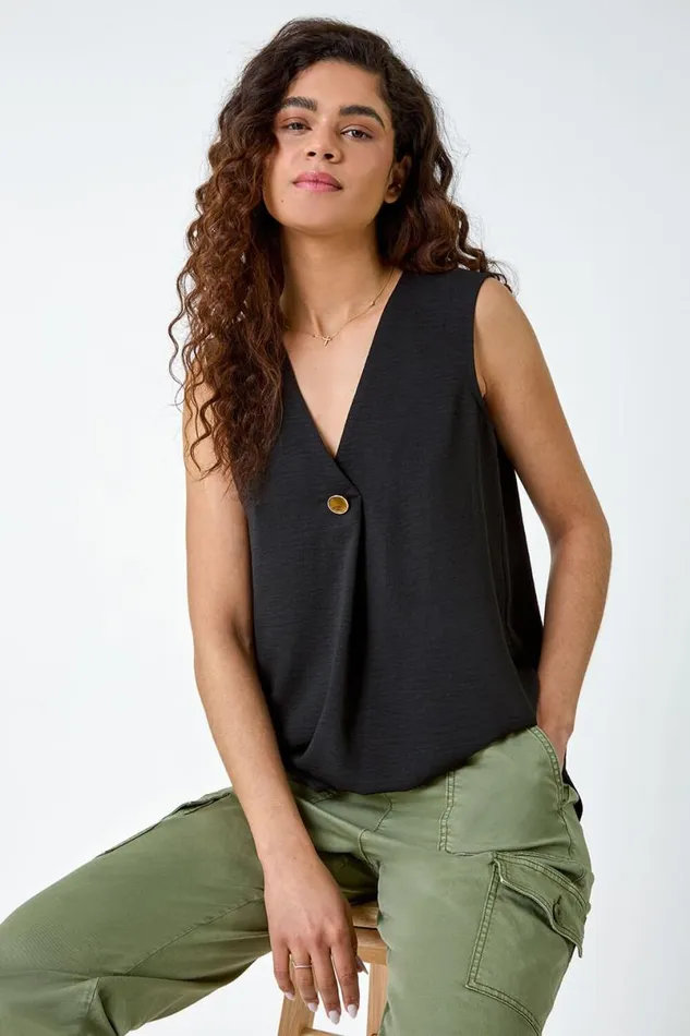 Black Pleat Front Button Detail VNeck Vest Women Roman Tops