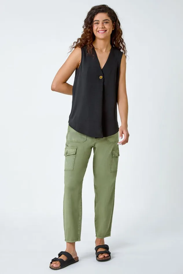 Black Pleat Front Button Detail VNeck Vest Women Roman Tops