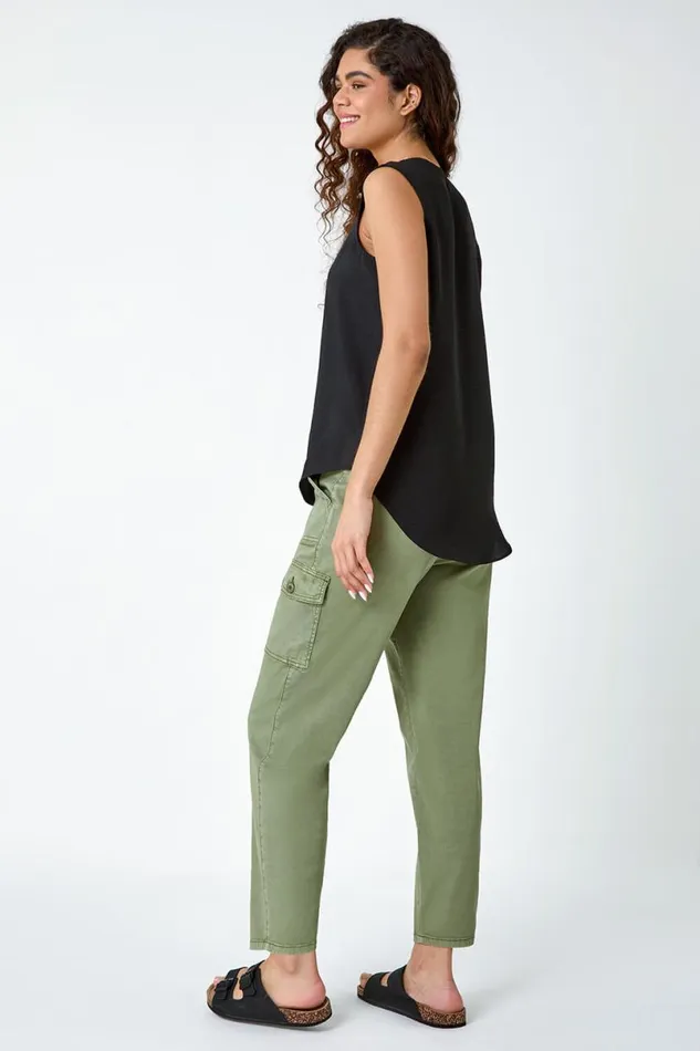 Black Pleat Front Button Detail VNeck Vest Women Roman Tops