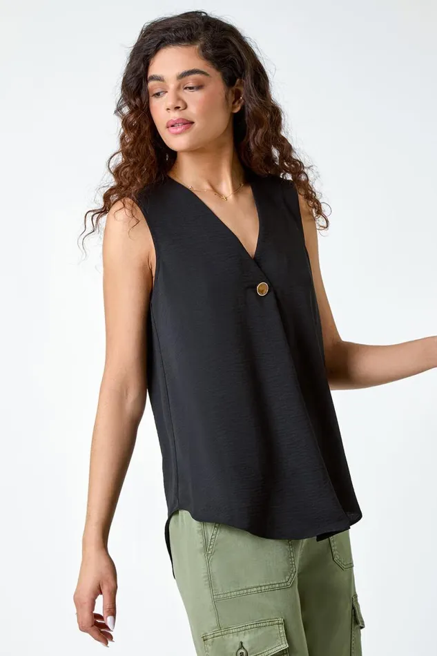 Black Pleat Front Button Detail VNeck Vest Women Roman Tops