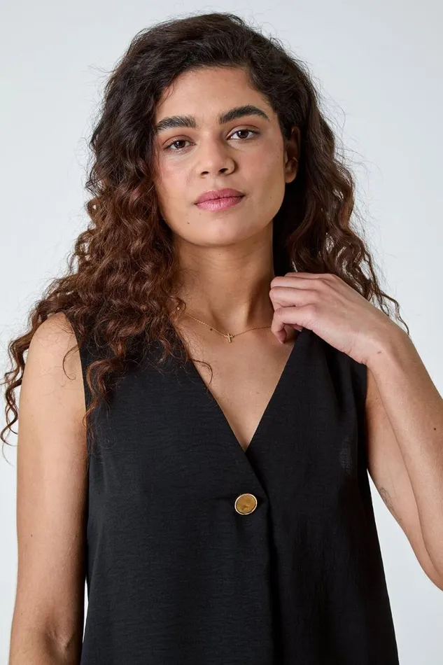 Black Pleat Front Button Detail VNeck Vest Women Roman Tops
