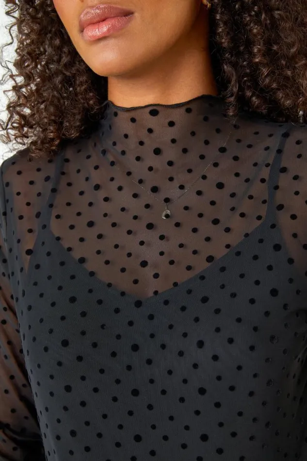 Black Polka Dot Print Mesh Midi Stretch Dress Women Roman Dresses