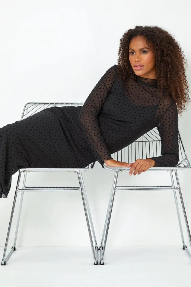 Black Polka Dot Print Mesh Midi Stretch Dress Women Roman Dresses
