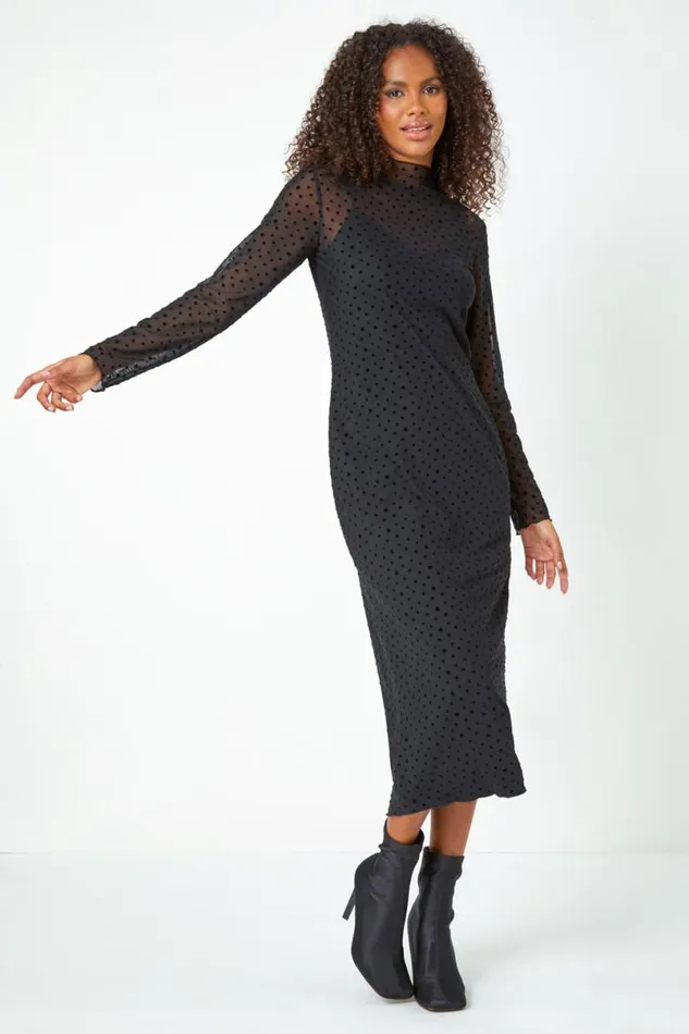 Black Polka Dot Print Mesh Midi Stretch Dress Women Roman Dresses