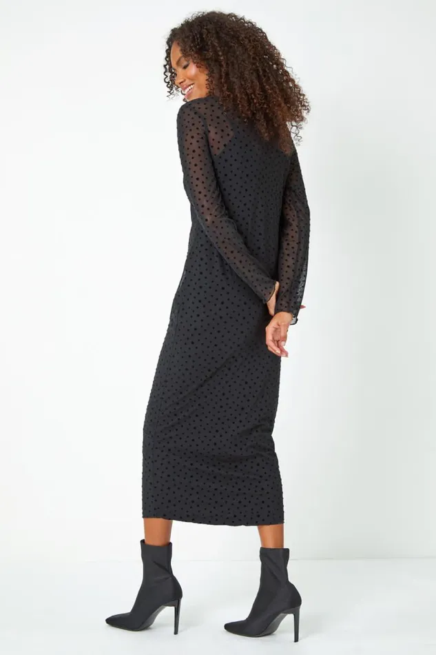 Black Polka Dot Print Mesh Midi Stretch Dress Women Roman Dresses