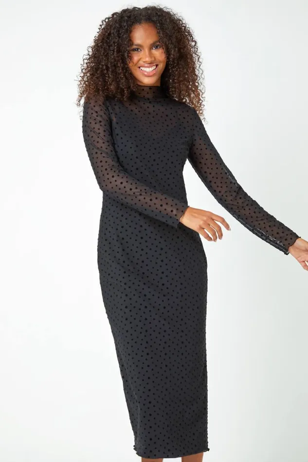 Black Polka Dot Print Mesh Midi Stretch Dress Women Roman Dresses