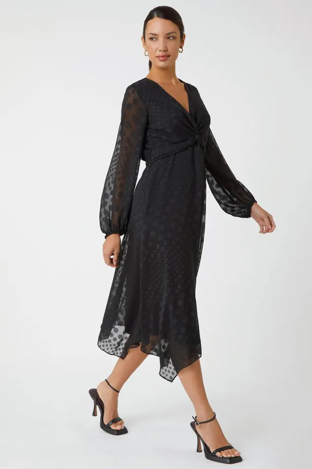Black Polka Dot Twist Detail Chiffon Dress Women Roman Dresses