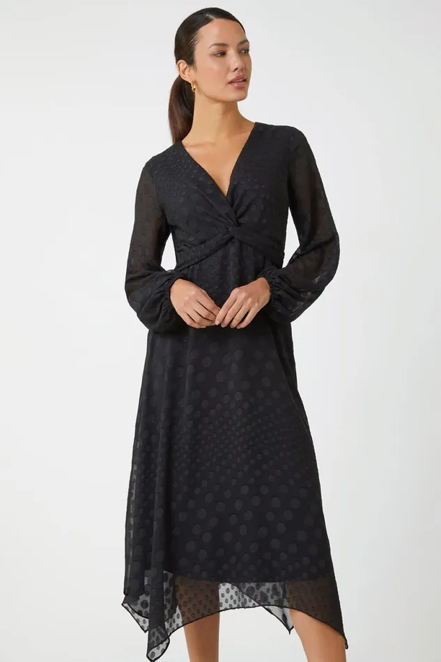 Black Polka Dot Twist Detail Chiffon Dress Women Roman Dresses