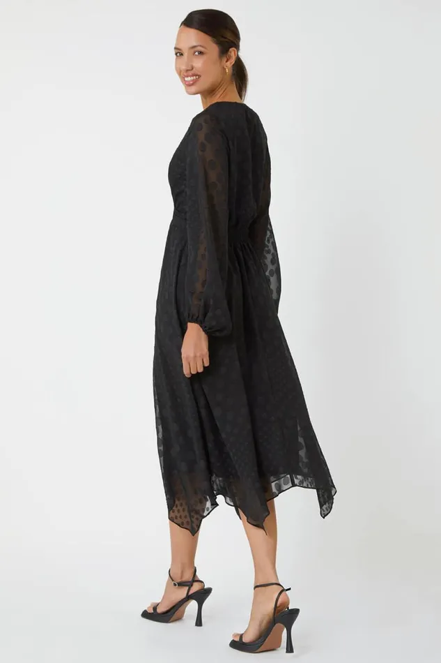 Black Polka Dot Twist Detail Chiffon Dress Women Roman Dresses