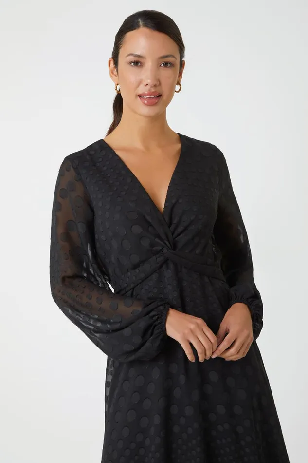 Black Polka Dot Twist Detail Chiffon Dress Women Roman Dresses
